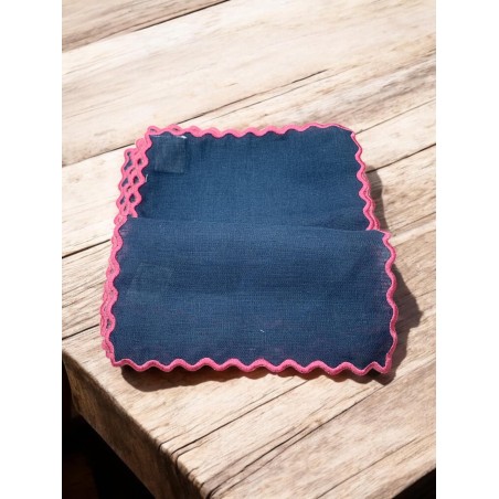 Set 6 servilletas aperitivo lino azul marino 20x20 con festón fucsia