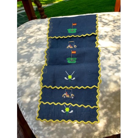 Set 6 servilletas aperitivo lino azul marino 20x20 con festón. Motivo GOLF