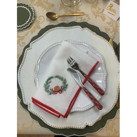Set 4 servilletas festón rojo y verde Corona de Navidad borde rojo